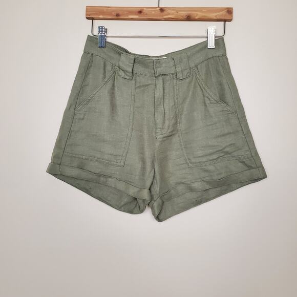 H&M Olive Green High Rise Linen Blend Cuffed Shorts Womens 2 - Picture 3 of 7